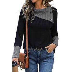 Black Waffle Knit Patchwork Color Block Asymmetrical Neck Top New